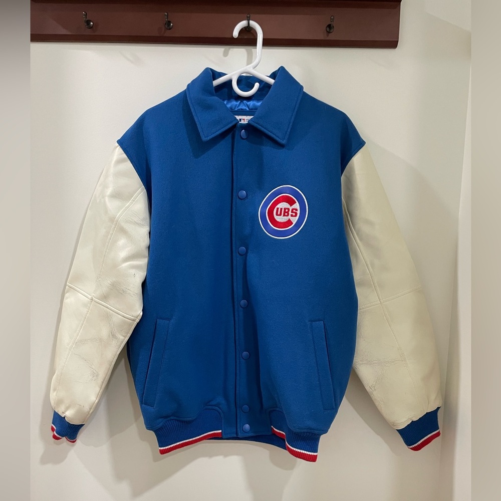 Men’s Chicago Cubs Wool Letterman Jacket with Leather Sleeves, Medium